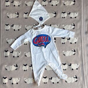 Gucci White and Blue Footies One Piece with Bold Design